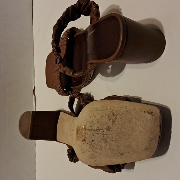 Staud Brown Frankie Ruched Sandals Heeled Block Heel Two Strap Preowned - Picture 7 of 10